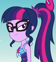 Size: 651x720 | Tagged: safe, screencap, character:pinkie pie, character:twilight sparkle, character:twilight sparkle (scitwi), species:eqg human, episode:friendship math, g4, my little pony:equestria girls, beach, clothing, cropped, geode of telekinesis, lidded eyes, looking at you, out of context, ponytail, sky, solo, solo focus, swimsuit