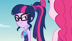 Size: 1920x1080 | Tagged: safe, screencap, character:pinkie pie, character:twilight sparkle, character:twilight sparkle (scitwi), species:eqg human, episode:friendship math, g4, my little pony:equestria girls, >:), beach, clothing, evil grin, out of context, sky, smiling, smirk, solo focus, swimsuit