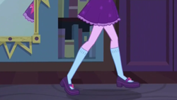 Size: 2208x1242 | Tagged: safe, screencap, character:twilight sparkle, character:twilight sparkle (scitwi), species:eqg human, episode:monday blues, eqg summertime shorts, g4, my little pony:equestria girls, clothing, legs, mary janes, mirror, pictures of legs, raised leg, shoes, skirt, socks