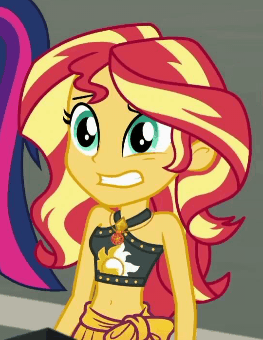 Size: 540x699 | Tagged: safe, screencap, character:sunset shimmer, episode:x marks the spot, g4, my little pony:equestria girls, animated, belly button, bikini, clothing, confused, cropped, gif, solo, solo focus, swimsuit