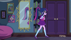 Size: 2208x1242 | Tagged: safe, screencap, character:spike, character:spike (dog), character:twilight sparkle, character:twilight sparkle (scitwi), species:dog, species:eqg human, episode:monday blues, eqg summertime shorts, g4, my little pony:equestria girls, backpack, belt, bow tie, clothing, discovery family logo, door, glasses, mary janes, mirror, ponytail, raised leg, skirt, socks