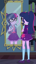 Size: 1242x2208 | Tagged: safe, screencap, character:twilight sparkle, character:twilight sparkle (scitwi), species:eqg human, episode:monday blues, eqg summertime shorts, g4, my little pony:equestria girls, backpack, belt, bow tie, clothing, cropped, cute, geode of telekinesis, glasses, looking up, magical geodes, mary janes, mirror, ponytail, skirt, socks, solo, twiabetes