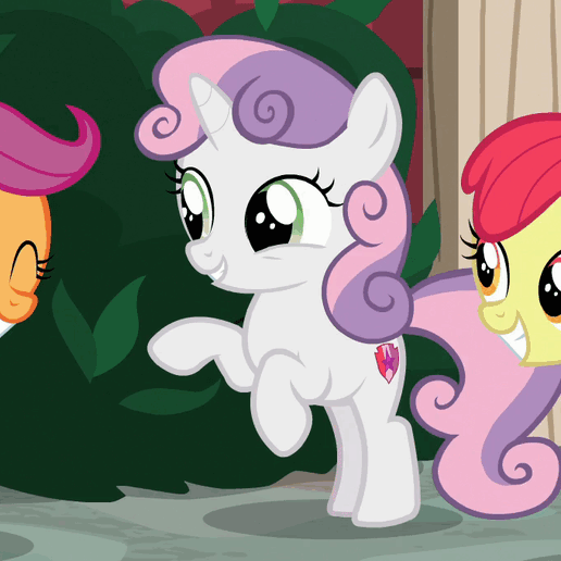 Size: 516x516 | Tagged: safe, screencap, character:apple bloom, character:scootaloo, character:sweetie belle, species:earth pony, species:pegasus, species:pony, species:unicorn, episode:marks for effort, g4, my little pony: friendship is magic, animated, cropped, cute, cutie mark crusaders, diasweetes, eyes closed, female, filly, gif, grin, happy, hoofy-kicks, horses doing horse things, smiling, solo focus, weapons-grade cute