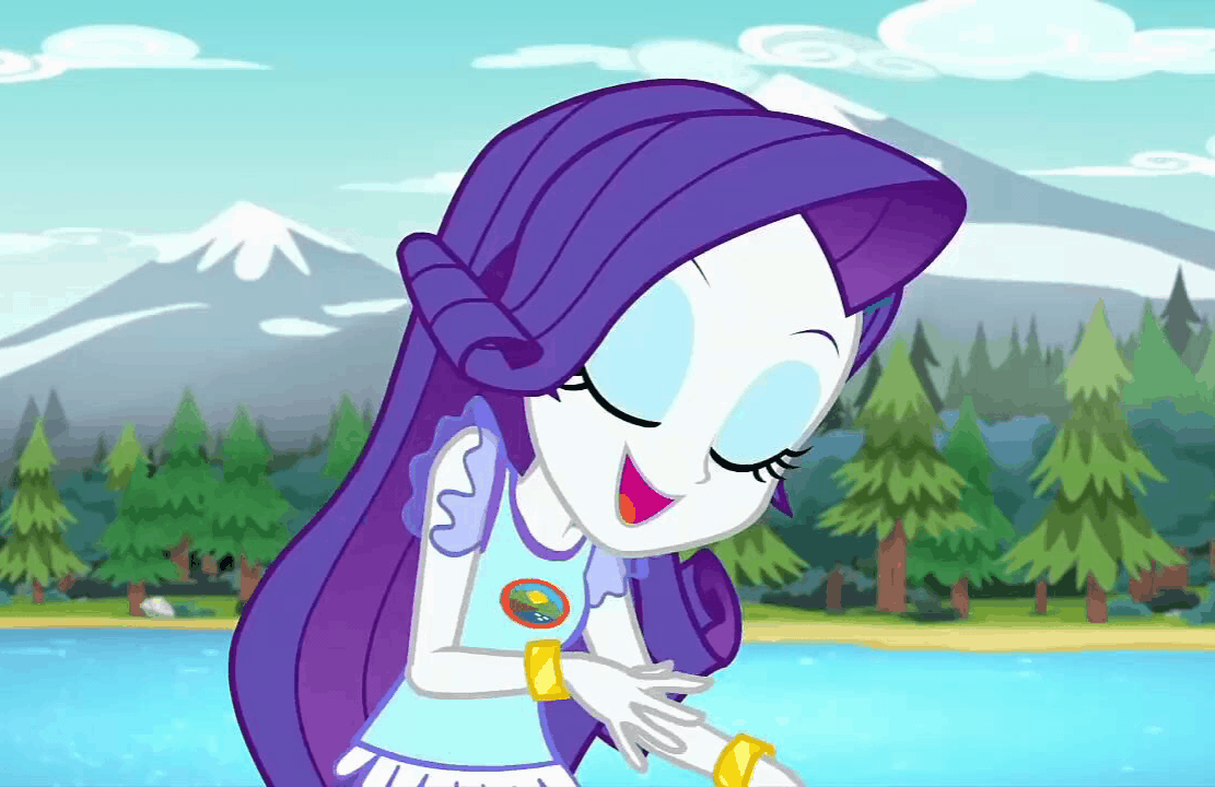 Size: 1111x720 | Tagged: safe, screencap, character:rarity, equestria girls:legend of everfree, g4, my little pony:equestria girls, animated, camp everfree logo, camp everfree outfits, cute, forest, gif, lidded eyes, mountain, raribetes, river, solo