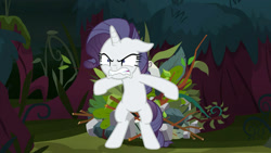 Size: 1280x720 | Tagged: safe, screencap, character:mean rarity, species:pony, species:unicorn, episode:the mean 6, g4, my little pony: friendship is magic, clone, faec, female, greedity, hoard, leaf, mare, open mouth, rock, solo, stick