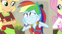 Size: 1280x718 | Tagged: safe, screencap, character:applejack, character:fluttershy, character:rainbow dash, equestria girls:movie magic, g4, my little pony:equestria girls, faec, lip bite, out of context, rainbow dash is best facemaker