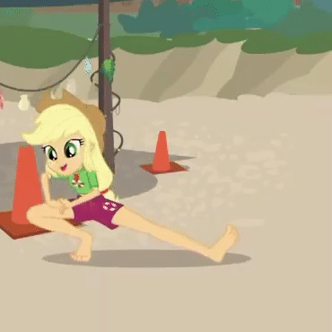 Size: 370x370 | Tagged: safe, screencap, character:applejack, episode:turf war, g4, my little pony:equestria girls, animated, barefoot, beach, clothing, cone, cropped, exercise, feet, legs, loop, sand, shorts, solo, stretching
