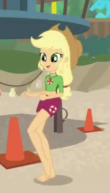 Size: 220x384 | Tagged: safe, screencap, character:applejack, episode:turf war, g4, my little pony:equestria girls, animated, barefoot, clothing, cropped, feet, geode of super strength, legs, loop, magical geodes, running, running in place, shorts, solo