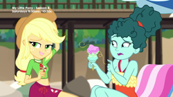 Size: 1280x720 | Tagged: safe, screencap, character:applejack, episode:turf war, g4, my little pony:equestria girls, background human, clothing, duo, food, geode of super strength, ice cream, leafy mint, lifeguard, magical geodes, one-piece swimsuit, swimsuit