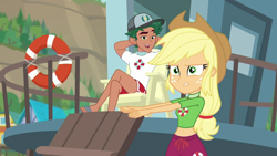 Size: 1280x720 | Tagged: safe, screencap, character:applejack, character:timber spruce, episode:turf war, g4, my little pony:equestria girls, applejack's hat, belly button, clothing, cowboy hat, crossed arms, duo, feet, hat, lifeguard, lifeguard applejack, lifeguard timber, midriff, stetson