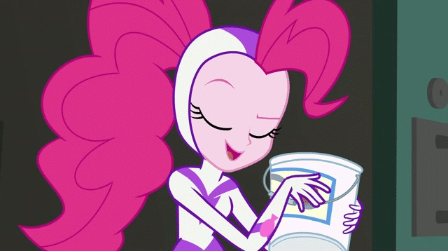 Size: 640x358 | Tagged: safe, screencap, character:fili-second, character:pinkie pie, episode:power ponies, equestria girls:movie magic, g4, my little pony: friendship is magic, my little pony:equestria girls, animated, bucket, chugging, door, drinking, eating, female, food, gif, lifting, movie set, ponytail, pudding, solo, spandex
