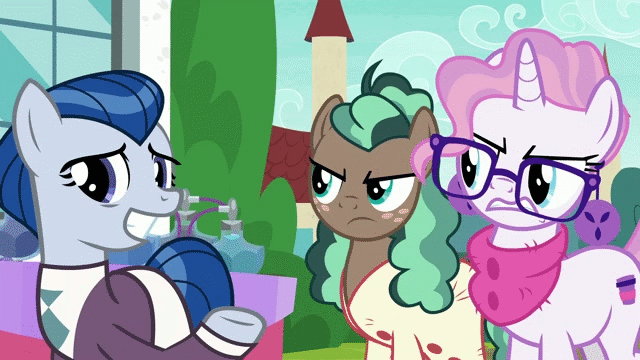 Size: 640x360 | Tagged: safe, screencap, character:ever essence, character:minty mocha, character:raspberry latte, species:earth pony, species:pony, species:unicorn, episode:the parent map, g4, animated, armpits, bags under eyes, body odor, building, clothing, disgusted, ear piercing, earring, essence, eyes closed, floppy ears, freckles, frown, gif, glasses, hipster, jewelry, messy hair, necktie, nodding, perfume, piercing, scarf, scowl, shrunken pupils, sire's hollow, smell, smelly, suit, sweater, trio, visible stench
