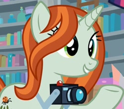 Size: 1208x1067 | Tagged: safe, screencap, character:crackle cosette, character:queen chrysalis, episode:the mean 6, g4, my little pony: friendship is magic, bookshelf, camera, cropped, cute, cutealis, disguise, disguised changeling, shutterbetes, solo