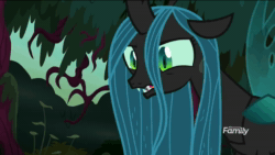 Size: 960x540 | Tagged: safe, screencap, character:queen chrysalis, species:changeling, episode:the mean 6, g4, my little pony: friendship is magic, animated, changeling queen, discovery family logo, everfree forest, eye twitch, female, no sound, quadrupedal, solo, webm