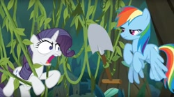 Size: 1658x922 | Tagged: safe, screencap, character:mean rarity, character:rainbow dash, episode:the mean 6, g4, my little pony: friendship is magic, clone, shovel, vine