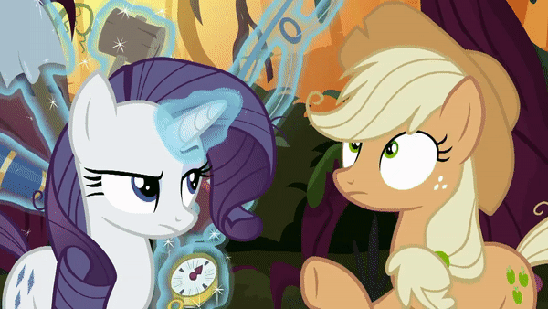 Size: 600x338 | Tagged: safe, screencap, character:mean applejack, character:mean rarity, episode:the mean 6, g4, my little pony: friendship is magic, animated, clone, ducking, fishing rod, gif, implied chrysalis, magic beam, magic blast, pew pew, plants, pocket watch, shovel, smoke, spade, telescope, tree