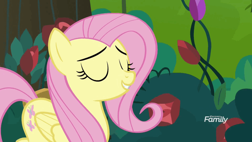 Size: 806x454 | Tagged: safe, screencap, character:fluttershy, character:pinkie pie, episode:the mean 6, g4, my little pony: friendship is magic, animated, flower, forest, gif, jumpscare, panting, rose, scared