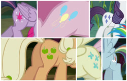 Size: 1094x701 | Tagged: safe, screencap, character:fluttershy, character:mean applejack, character:mean fluttershy, character:mean pinkie pie, character:mean rainbow dash, character:mean rarity, character:mean twilight sparkle, character:rainbow dash, species:alicorn, species:pony, episode:the mean 6, g4, my little pony: friendship is magic, altered cutie mark, clone, clone six, cutie mark, elements of disharmony, evil rainbow dash, palette swap, plot, recolor, upside down cutie mark, wrong color