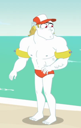 Size: 412x651 | Tagged: safe, screencap, character:bulk biceps, episode:turf war, g4, my little pony:equestria girls, barefoot, cap, clothing, cropped, feet, hat, male, partial nudity, speedo, swimsuit, topless