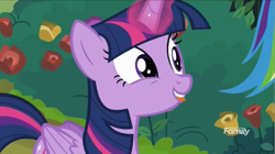 Size: 1274x711 | Tagged: safe, screencap, character:rainbow dash, character:twilight sparkle, character:twilight sparkle (alicorn), species:alicorn, species:pony, episode:the mean 6, g4, my little pony: friendship is magic, discovery family logo, glowing horn, tongue out