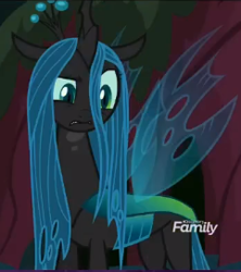 Size: 241x272 | Tagged: safe, screencap, character:queen chrysalis, species:changeling, episode:the mean 6, g4, my little pony: friendship is magic, bewildered, changeling queen, cropped, discovery family logo, former queen chrysalis, raised eyebrow, solo