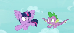 Size: 816x370 | Tagged: safe, screencap, character:spike, character:twilight sparkle, character:twilight sparkle (alicorn), species:alicorn, species:dragon, species:pony, episode:molt down, g4, my little pony: friendship is magic, flying, male, winged spike, wings
