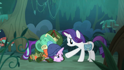 Size: 1920x1080 | Tagged: safe, screencap, character:rarity, character:starlight glimmer, species:pony, species:unicorn, episode:the mean 6, g4, my little pony: friendship is magic, backpack, bag, boots, camping outfit, clothing, everfree forest, frown, hat, helping, lamp, parka, prone, shoes, tired, tripping
