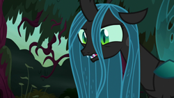 Size: 1280x720 | Tagged: safe, screencap, character:queen chrysalis, species:changeling, episode:the mean 6, g4, my little pony: friendship is magic, changeling queen, everfree forest, eye twitch, female, forest, former queen chrysalis, irritated, open mouth, solo