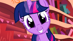 Size: 1920x1080 | Tagged: safe, screencap, character:twilight sparkle, character:twilight sparkle (unicorn), species:pony, species:unicorn, episode:look before you sleep, g4, my little pony: friendship is magic, adorkable, bookhorse, bookworm, cute, dork, excited, female, glowing horn, golden oaks library, grin, happy, head tilt, looking at you, magic, magic glow, mane, mare, purple smart, smiling, solo, squee, twiabetes