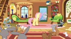Size: 703x386 | Tagged: safe, screencap, character:fluttershy, species:pegasus, species:pony, species:rabbit, episode:putting your hoof down, g4, my little pony: friendship is magic, animal, female, ferret, fluttershy's cottage, mare, mirror, mouse, season 2, skunk, squirrel, window