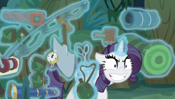 Size: 1280x720 | Tagged: safe, screencap, character:mean rarity, species:pony, species:unicorn, episode:the mean 6, g4, my little pony: friendship is magic, boots, canteen, clone, compass, crazy face, crazy grin, everfree forest, faec, female, fishing rod, floppy ears, glowing horn, greedity, grin, levitation, magic, magic aura, mallet, mare, messy mane, saw, scissors, shoes, shrunken pupils, sin of greed, smiling, spyglass, telekinesis