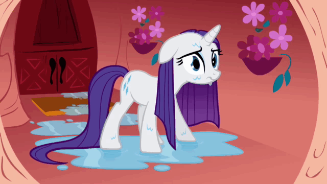 Size: 640x360 | Tagged: safe, screencap, character:rarity, species:pony, species:unicorn, episode:look before you sleep, g4, my little pony: friendship is magic, animated, female, floppy ears, gif, golden oaks library, mare, shaking, shivering, solo, wet, wet mane, wet mane rarity