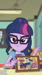 Size: 323x572 | Tagged: safe, screencap, character:twilight sparkle, character:twilight sparkle (scitwi), species:eqg human, episode:the last day of school, g4, my little pony:equestria girls, cropped, dreamworks face, female, geode of telekinesis, glasses, magical geodes, smiling, smuglight sparkle
