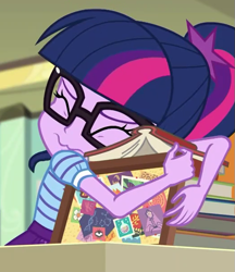 Size: 523x604 | Tagged: safe, screencap, character:twilight sparkle, character:twilight sparkle (scitwi), species:eqg human, episode:the last day of school, g4, my little pony:equestria girls, adorkable, book, bookhorse, cropped, cute, dork, eyes closed, female, glasses, hug, that pony sure does love books, twiabetes, wavy mouth, x{