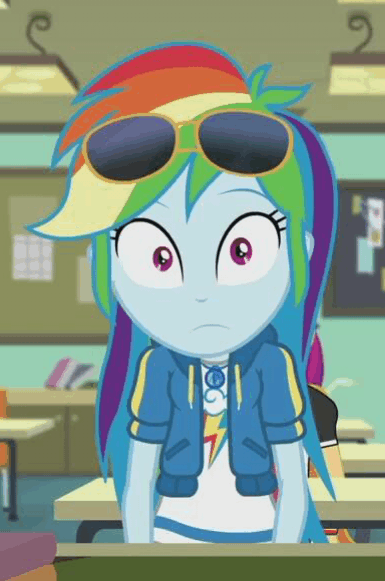 Size: 385x581 | Tagged: safe, screencap, character:rainbow dash, episode:the last day of school, g4, my little pony:equestria girls, animated, cropped, cute, dashabetes, geode of super speed, gif, glasses, looking at you, magical geodes, solo