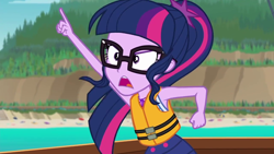 Size: 1280x720 | Tagged: safe, screencap, character:twilight sparkle, character:twilight sparkle (scitwi), species:eqg human, episode:the salty sails, g4, my little pony:equestria girls, clothing, geode of telekinesis, glasses, lifejacket, open mouth, pointing, ponytail, raised arm, solo, swimsuit