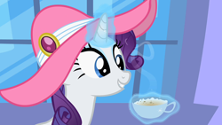 Size: 1280x720 | Tagged: safe, screencap, character:rarity, species:pony, species:unicorn, episode:sweet and elite, g4, my little pony: friendship is magic, canterlot, clothing, cup, cute, female, hat, magic, mare, smiling, solo, teacup
