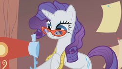 Size: 1280x720 | Tagged: safe, screencap, character:rarity, species:pony, species:unicorn, episode:suited for success, g4, my little pony: friendship is magic, art of the dress, carousel boutique, female, mare, measure tape, messy mane, rarity's glasses, sewing machine, solo