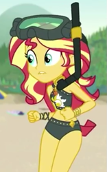 Size: 413x663 | Tagged: safe, screencap, character:sunset shimmer, episode:unsolved selfie mysteries, g4, my little pony:equestria girls, clothing, cropped, diving goggles, snorkel, swimsuit