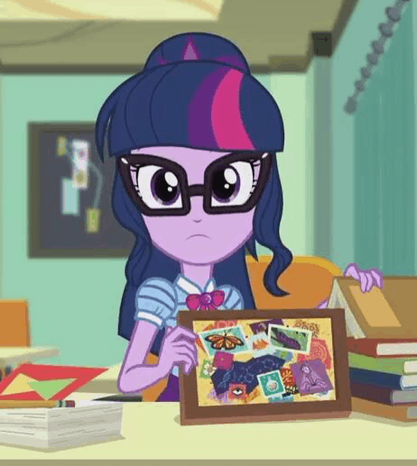 Size: 462x517 | Tagged: safe, screencap, character:twilight sparkle, character:twilight sparkle (scitwi), species:eqg human, episode:the last day of school, g4, my little pony:equestria girls, animated, book, cropped, cute, female, geode of telekinesis, gif, glasses, looking at you, magical geodes, nerd, solo, twiabetes