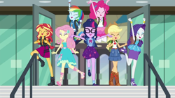 Size: 1280x720 | Tagged: safe, screencap, character:applejack, character:fluttershy, character:pinkie pie, character:rainbow dash, character:rarity, character:sunset shimmer, character:twilight sparkle, character:twilight sparkle (scitwi), species:eqg human, episode:the last day of school, g4, my little pony:equestria girls, backpack, canterlot high, clothing, doors, glass, happy, humane five, humane seven, humane six, school, staircase, stairs, yay