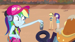 Size: 1280x720 | Tagged: safe, screencap, character:applejack, character:rainbow dash, character:rarity, episode:lost and found, g4, my little pony:equestria girls, cellphone, clothing, hat, nokia, nokia 3310, phone, tire