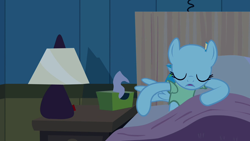 Size: 1280x720 | Tagged: safe, screencap, character:rainbow dash, episode:read it and weep, g4, my little pony: friendship is magic, animation error, bed, eyes closed, hospital gown, lamp, no mane, reaching, sheet, tissue