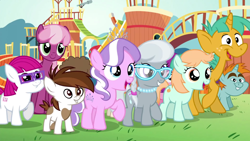 Size: 1920x1080 | Tagged: safe, screencap, character:cheerilee, character:diamond tiara, character:peach fuzz, character:pipsqueak, character:silver spoon, character:snails, character:snips, species:pony, episode:crusaders of the lost mark, g4, my little pony: friendship is magic, amazed, colt, female, filly, glasses, grass, happy, little red, male, playground, smiling