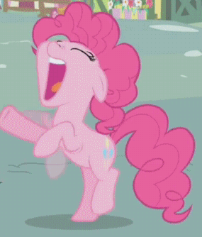 Size: 285x334 | Tagged: safe, screencap, character:pinkie pie, species:earth pony, species:pony, episode:the ticket master, g4, my little pony: friendship is magic, animated, balancing, eyes closed, faec, female, floppy ears, gif, hoofy-kicks, mare, open mouth, raised leg, rearing, smiling, solo
