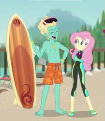 Size: 493x567 | Tagged: safe, screencap, character:fluttershy, character:zephyr breeze, episode:blue crushed (a.k.a baewatch), g4, my little pony:equestria girls, barefoot, brother and sister, clothing, cropped, eyes closed, feet, female, glasses, male, male feet, partial nudity, sandals, shorts, surfboard, swimsuit, topless, wetsuit