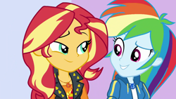 Size: 1920x1080 | Tagged: safe, screencap, character:rainbow dash, character:sunset shimmer, episode:a fine line, g4, my little pony:equestria girls, geode of empathy, geode of super speed, looking at each other, magical geodes