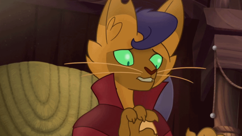 Size: 800x450 | Tagged: safe, screencap, character:capper dapperpaws, species:abyssinian, species:anthro, my little pony: the movie (2017), animated, clothing, coat, gif, horrified, male, oh no, shocked, solo