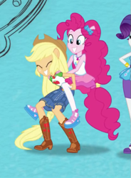 Size: 417x567 | Tagged: safe, screencap, character:applejack, character:pinkie pie, my little pony:equestria girls, boots, clothing, cowboy boots, cowboy hat, cropped, cute, denim skirt, eyes closed, female, hat, humans riding humans, intro, leapfrog, pantyhose, piggyback ride, ponied up, pony ears, shoes, skirt, stetson