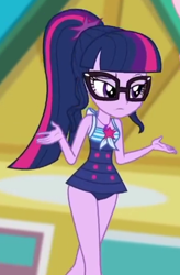 Size: 364x555 | Tagged: safe, screencap, character:twilight sparkle, character:twilight sparkle (scitwi), species:eqg human, episode:x marks the spot, g4, my little pony:equestria girls, clothing, cropped, shrug, solo, swimsuit